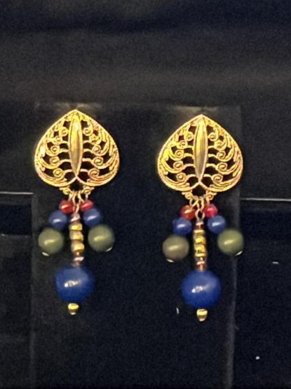 Gold Tone Ornate with 3 Sets of Beads Drop Earrings